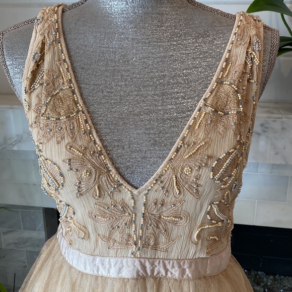 Free People Deja Vu Beaded Embroidered Rose Gold Tulle Mini Dress Size 10 - Picture 8 of 16